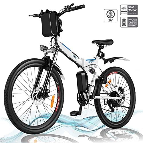 Electric Bike : Hesyovy 26'' Folding Electric Mountain Bike Removable Large Capacity Lithium-Ion Battery (36V 250W), Electric Bike 21 Speed Gear and Three Working Modes (White-Foldable)