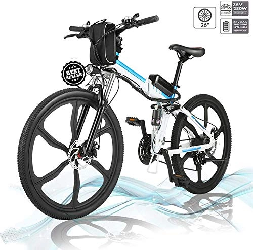 Electric Bike : Hesyovy 26'' Folding Electric Mountain Bike Removable Large Capacity Lithium-Ion Battery (36V 250W), Electric Bike 21 Speed Gear and Three Working Modes (White-Upgrade-Foldable)