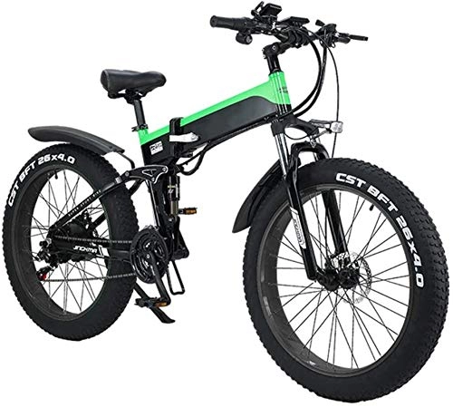 Electric Bike : High-speed Adult Folding Electric Bikes, Hybrid Recumbent / Road Bikes, with Aluminum Alloy Frame, LCD Screen, Three Riding Mode, 7 Speed 26 Inch City Mountain Bicycle Booster (Color : Green)