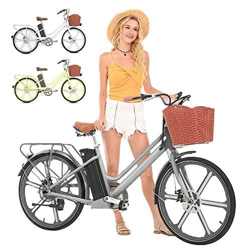 Electric Bike : HLeoz Women City Bike Lightweight, 24'' Electric Bike 36V 10AH Large Capacity Lithium-Ion Battery 250W with Bicycle Basket, Gray