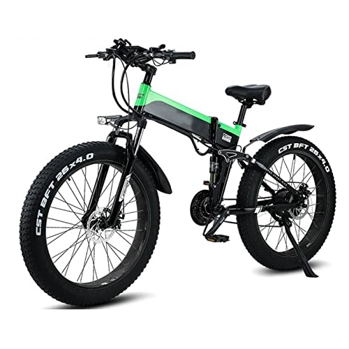 Electric Bike : HMEI EBike 20” Fat Tire Folding Ebike 1000W, with 48V12.8AH Lithium Battery Electric Bike 21 Speed Gear Mountain Foldable Electric Bicycle for Adults (Color : Green)