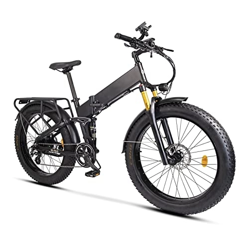 Electric Bike : HMEI EBike Electric Bike for Adults Foldable 26 Inch Fat Tire 750W 48W 14Ah Lithium Battery Ebike Full Suspension Electric Bicycle (Color : Matte Black)