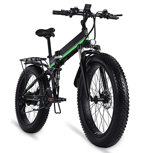 Electric Bike : HMEI EBike Electric Bikes for Adults 1000w 30 Mph Foldable Electric Bike 26 Inch Fat Tire 48v Lithium Battery Mens Mountain Bike Snow Bike (Color : Green)