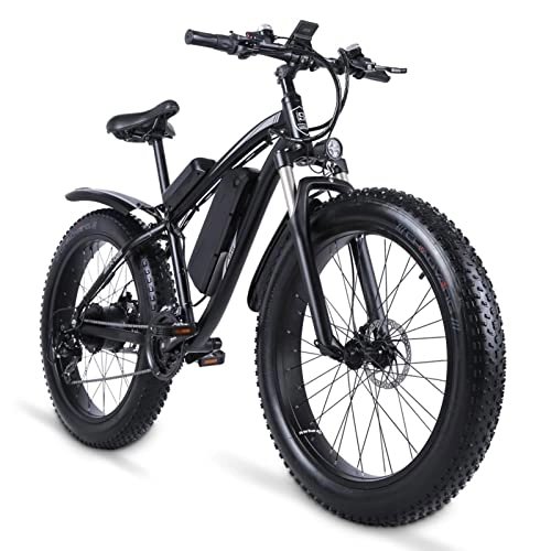 Electric Bike : HMEI EBike Electric Mountain Bike, 48V*17Ah Removable Battery, 26 Inch Fat Tire Bike Electric Bicycle for Adults 21 Speed Gear Front Suspension (Color : Black)