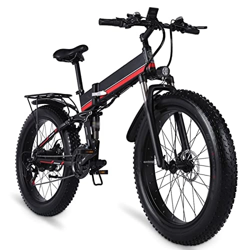 Electric Bike : HMEI EBike Foldable Electric Mountain Bike 1000W Ebikes for Adults 26 inch Electric Bikes, with 48V 12.8Ah Removable Lithium Battery, 21 Speed Gears 31 Mph Electric Bicycles for Men (Color : Red)