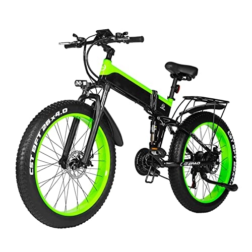 Electric Bike : HMEI Electric Bike 1000W Outdoor Mountain Electric Bicycle for Men 26 Inch Snow 48V Electric Bicycle 4. 0 Folded Ebike (Color : Green)