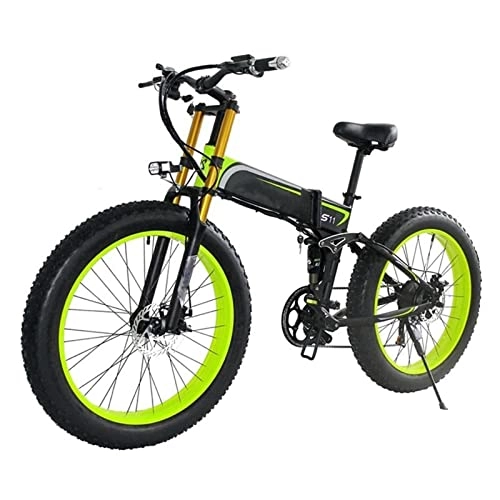 Electric Bike : HMEI Electric Bike for Adults 1000W Foldable Mountain Electric Bicycle 48V 26 Inch Fat Ebike Foldable 21 speed Motorcycle (Color : Green)
