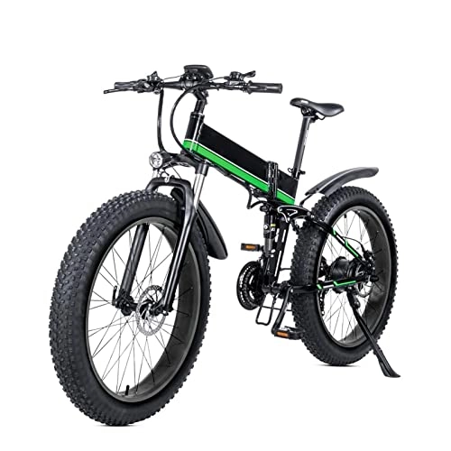 Electric Bike : HMEI Electric Bikes for Adults 1000W Foldable Electric Bike for Adults 24MPH, 26 Inch Mountain Fat Tire Electric Bicycle 48V 12.8Ah 21 Speed Folding E-Bike (Color : Green)