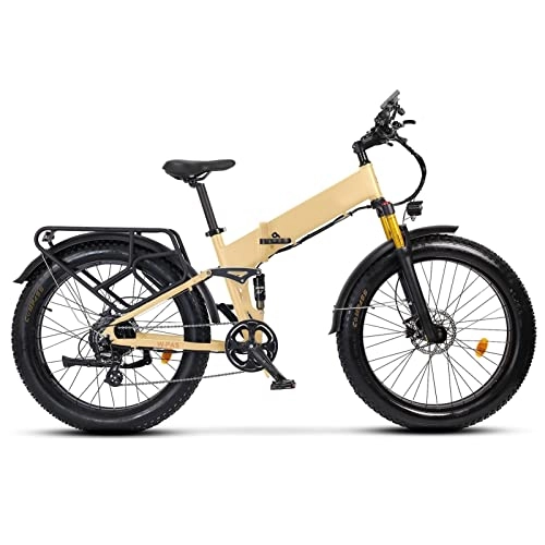Electric Bike : HMEI Electric Bikes for Adults 750W Folding Electric Bikes for Adults 26 Inch Fat Tire Electric Mountain Bike 25 Mph with Removable 48V 14Ah Lithium 8 speed Ebike (Color : Desert Tan)
