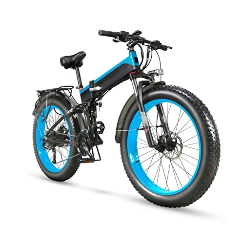 Electric Bike : HMEI Electric Bikes for Adults Men Folding Electric Bikes for Adults 26 Inch Fat Tire 27 Speed Mountain Ebike 1000W Electric Bicycle with 48V 12.8ah Removable Battery (Color : Black blue)