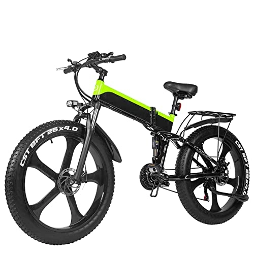 Electric Bike : HMEI Folding 1000W Electric Bike For Adults 26" Fat Tire 25 Mph, Removable Lithium Battery Mountain Double Shock Foldable Ebike (Color : Green, Size : 48v 17Ah Battery)
