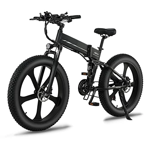 Electric Bike : HMEI R5s Adult Electric Bike 26 Inch Fat Tire Mountain Street Ebike 1000W Motor 48V Electric Bicycle Foldable Electric Bike (Color : Black, Size : 1 battery)