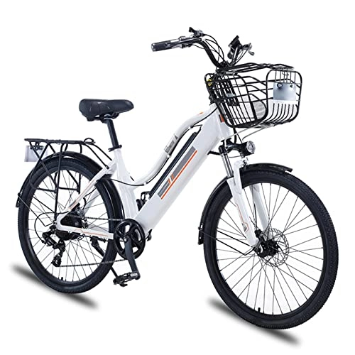 Electric Bike : HMEI Women Mountain Electric Bike with Basket 36V 350W 26 Inch Electric Bicycle Aluminum Alloy Electric Bike (Color : White, Number of speeds : 7)
