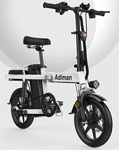 Electric Bike : Hold E-Bikes 14 Inch Folding Electric Bike Lithium Battery Electric Bicycle Light Driving Adult Battery Detachable Aluminum Alloy E Bike@White_11AH