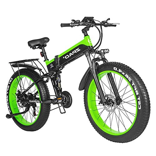 Electric Bike : HOME-MJJ 1000W Fat Tire Electric Moutain Bike 48V 12.8Ah E-bikes Mens Women Mountain Folding E-Bike City Mountain Bike with Removable Battery And LCD Screen (Color : Green, Size : 48v-12.8ah)