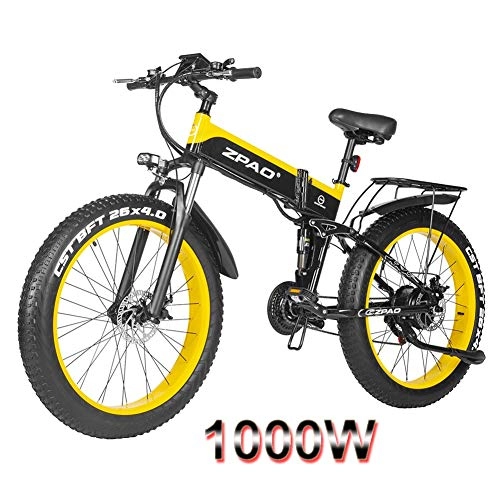 Electric Bike : HOME-MJJ 26x4.0 Fat Tire Electric Bike 1000W Folding Electric Bicycle Electric Bikes Bicicleta Electric Adult Mountain Electrical Bicycles - 48V / 12.8Ah (Color : Yeoolw, Size : 48v-12.8ah)