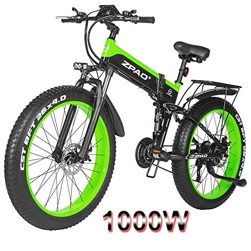 Electric Bike : HOME-MJJ Folding Electric Bike 26inch Fat Tire E-bike 48V1000W Electric Mountain Bike Maximum Speed 40km / h Adult Electric Bicycle Beach E-bikes (Color : Green, Size : 48v-12.8ah)