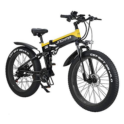 Electric Bike : Homejuan 26'' Folding Electric Mountain Bikes Aluminum Alloy Fat Tire E-bikes Bicycles All Terrain 500W 48V 12.8 Ah Removable Lithium-Ion Battery With 3 Riding Modes Yellow