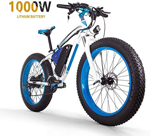 Electric Bike : HSART 1000W Electric Mountain Bike for Adults, 26" Fat Tire E-Bike 48V 17.5 AH Lithium-Ion Battery 27 Speed Professional MTB Bicycle for Men Women, White Blue