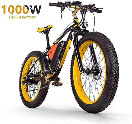 Electric Bike : HSART 26" Electric Bicycle 1000W Mountain Bike, Fat Tires Commute / Offroad Ebike with 48V 17.5AH Lithium-Ion Battery 27 Speed Gear Aluminum Alloy MTB, Black Yellow