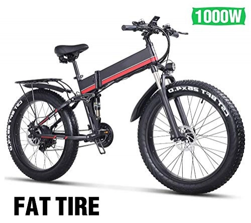 Electric Bike : HSART 26 Inch Fat Tire Electric Bike 48V 1000W Motor Snow Electric Bicycle with Shimano 27 Speed Mountain Electric Bicycle Pedal Assist Lithium Battery Hydraulic Disc Brake+Oil Brake, Red
