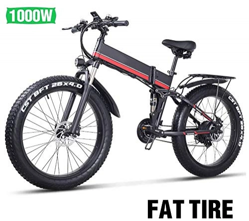 Electric Bike : HSART Electric Mountain Bike 26 Inches 1000W 48V 13Ah Folding Fat Tire Snow Bike E-Bike with Lithium Battery Oil Brakes for Adult, Red
