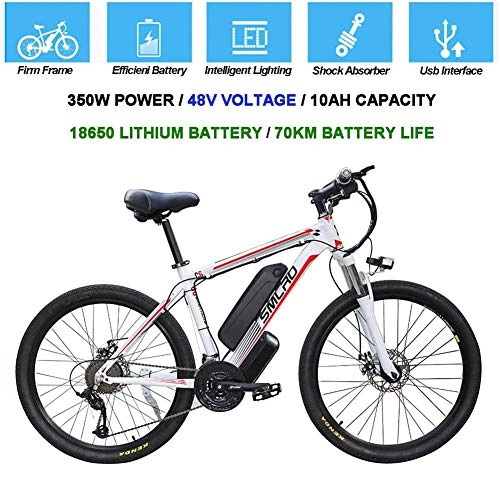 Electric Bike : HSART Mountain Bike for Adult 26 Inches 48V 10AH Lithium-Ion Battery Electric Mountain Bicycle 21 Speed Urban Commute E-Bike Three Working Modes(White)