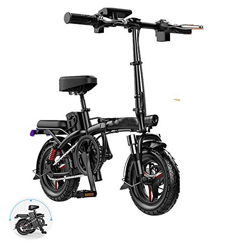 Electric Bike : HSJCZMD Electric Folding Bike, 48v Electric Bike for Men and Women, battery Life 4-6 Years, 14-inch Electric Bike for Kids with Usb Charging Function, Three Riding Modes