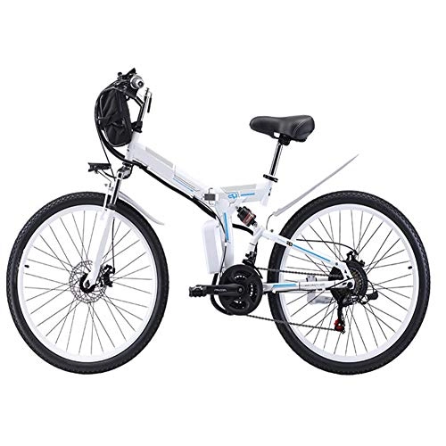 Electric Bike : HSTD Electric Bike Electric Mountain Bike - Portable Folding Bicycle, 26'' Nylon Pneumatic Tyres, 48V 8Ah Rechargeable Lithium Battery, Three Working Modes, Electric Bike for Adults White