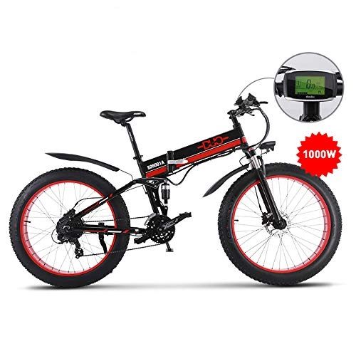 Electric Bike : HUAEAST 1000W Electric Mountain Bike, 26 Inch Fat Tire Folding Bike Snow Bike with Removable Battery