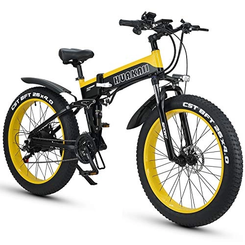 Electric Bike : HUAKAII Fat Tire Ebike 1000W 48V 13ah Electric Mountain Bike, 26" Folding E-Bike (yellow)