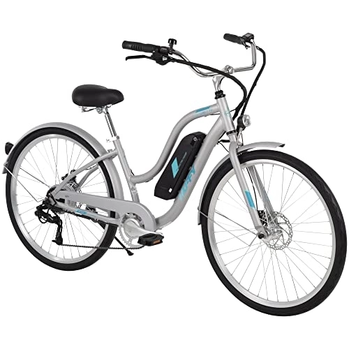 Electric Bike : Huffy Everett Plus 27.5” Ebike Electric Low Stepover Ladies Comfort Bike for Adults, 7 Speed, Silver Aluminium Frame, City Hybrid Pedal Assist Bike with disc brakes & light