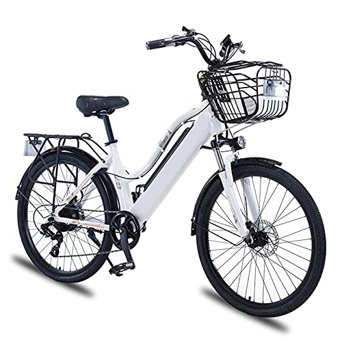 Electric Bike : HULLSI Electric Bike, 26 Inch Aluminum Alloy Electric Bikes for Adults Mountain Bike 36V / 10Ah Removable Battery, 7 Speed Gears, Double Disc Brakes, White, 10AH