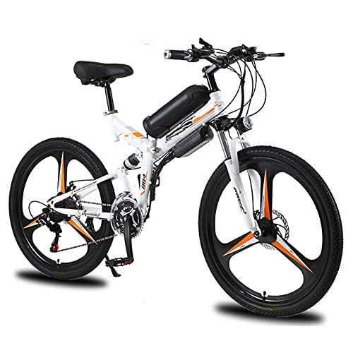 Electric Bike : HULLSI Folding Electric Bike for Adults, 26'' Electric Mountain Bicycle, 350W E-Bike with Magnesium Alloy Integrated Wheel, 21 Speed Gears, Adult Double Shock Absorption, White, 10AH