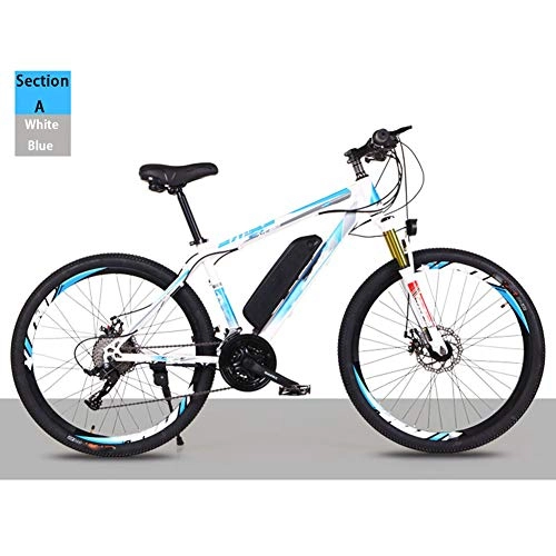 Electric Bike : HWOEK Adult Mountain Electric Bicycle, 250W Motor 26'' Off-Road Electric Bike with Removable 36V 8AH / 10AH Lithium-Ion Battery 21 / 27 Variable Speed Double Disc Brake Unisex, white blue, A 36V10AH