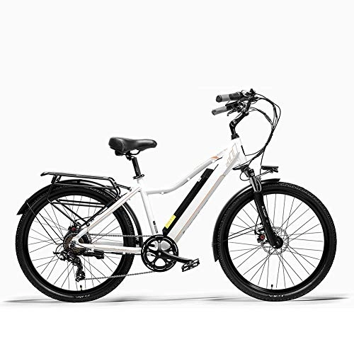 Electric Bike : HWOEK Adults Urban Electric Bike, Dual Disc Brakes 26 Inch Pedal Assist Bicycle Aluminum Alloy Frame Oil Spring Suspension Fork 7 Speed, White, 15AH