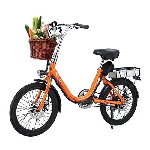 Electric Bike : HWOEK City Bike for Adult, 20'' Electric Bicycle Removable Lithium-Ion Battery 48V 10Ah and 300W Motor with Bicycle Basket Double Disc Brake, Orange