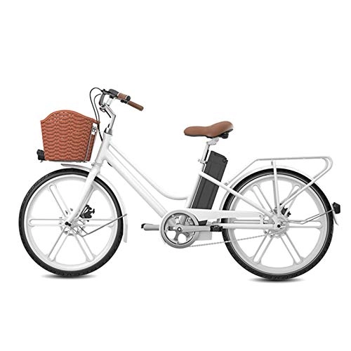 Electric Bike : HWOEK E-Bike for Adult, 24'' Electric Bicycle 250W 36V 10AH Large Capacity Lithium-Ion Battery with Rear Seat and Basket Dual Disc Brakes for Female / Male, White