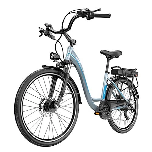 Electric Bike : HWOEK E-bike for Adult, Electric Bike 26'' for Adult Men and Women Removable Large Capacity Lithium-Ion Battery (36V 400W) 7 Speed, Gray blue, Swallow handle