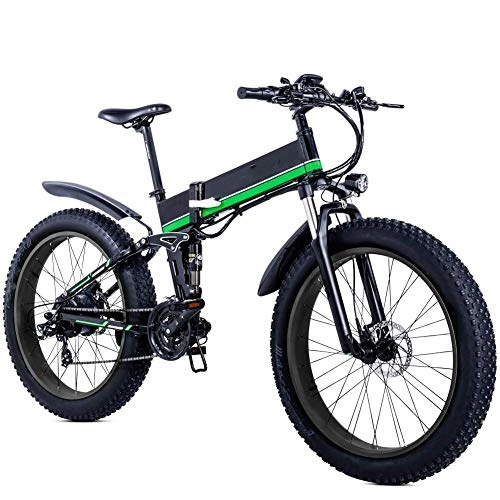 Electric Bike : HWOEK Folding Mountain Electric Bicycle, 26 inch Adults Travel Electric Bicycle 4.0 Fat Tire 21 Speed Removable Lithium Battery with Rear Seat 1000W Brushless Motor, black green