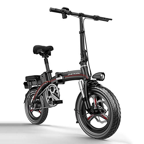 Electric Bike : Hxl 14-inch Foldable Adult Bicycle 400w Mountain Electric Bicycle 48v 8ah Graphene Lithium Battery Aluminum Alloy Frame Double Disc Brake Led Lighting System, 12AH 60KM