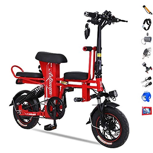 Electric Bike : Hxl Folding E-bike Adults High-carbon Steel 12 InchTire Electric Bike Disc Brake Double Shock Absorber Bikes, 3 Colors, 40to200KM, Red, 180to200km