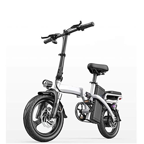 Electric Bike : HY-WWK City Folding Electric Bicycle, Dual Disc Brakes 14 inch Adults Urban Commuter Ebike 400W Motor Seven Shock Absorbers with Back Seat, Black, 35Km, White