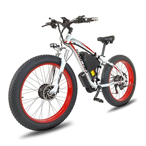 Electric Bike : Hyuhome Dual Motors Fat Tire Electric Bike for Adults Men Women，26''*4.0" Fat Tire E-bike with Shimano 21 Speed Mountain Bicycle, 48V 15AH MTB E-Mountainbike (white red)