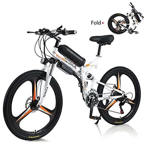 Electric Bike : Hyuhome Electric Bike for Adult Men Women, Folding Bike 250W / 350W 36V 10A 18650 Lithium-Ion Battery Foldable 26" Mountain E-Bike with 21-Speed Shimano Transmission System Easy To Folding (White, 350W)