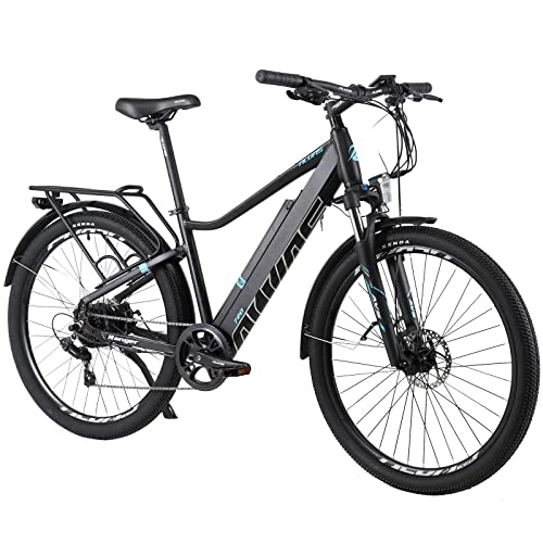Electric Bike : Hyuhome Electric Bikes for Adult Mens Women, 27.5" Ebikes Bicycles All Terrain City Ebike 36V 12.5Ah Mountain E-MTB Bicycle with Shimano 7 Speed for Outdoor Commuter (Black with Rear Shelf)