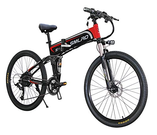 Electric Bike : HYwot SMLRO Electric Mountain Bike Full Suspension Foldable Off-road Moped 26" Lithium Battery, Suitable for Outdoor City, Land, Mountain, Red