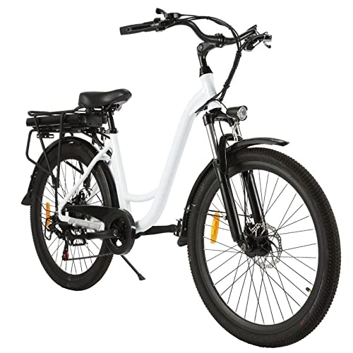 Electric Bike : IEASEddzxc Electric Bicycle Electric Bicycle Aluminum Frame Disc Brake With Headlamp Lithium Ion Battery (Color : White)