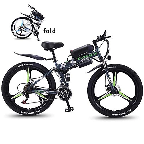 Electric Bike : JASSXIN Folding Mountain Bike, Adult Electric Mountain Bike, 350W Snow Bikes, Removable 36V 10AH Lithium-Ion Battery For, Premium Full Suspension 26 Inch Electric Bicycle, Green, 21speed