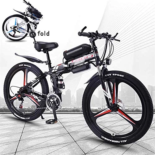 Electric Bike : JASSXIN Folding Mountain Bike, Adult Electric Mountain Bike, 350W Snow Bikes, Removable 36V 10AH Lithium-Ion Battery For, Premium Full Suspension 26 Inch Electric Bicycle, Red, 21speed